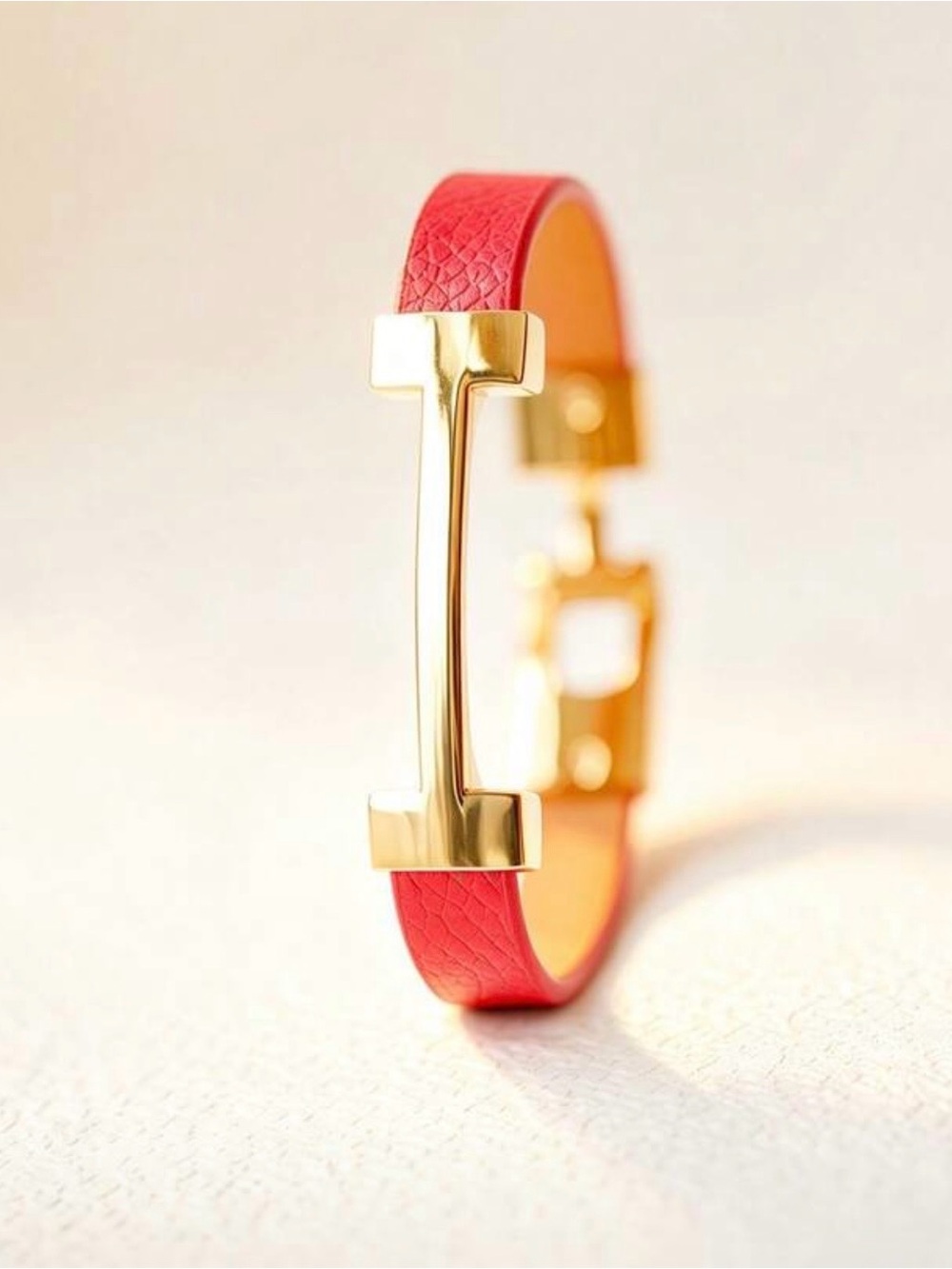 Red Leather Gold-Tone H Bracelet - Women’s Fashion Jewelry